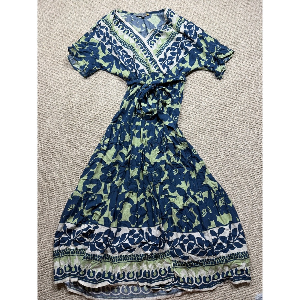 Figueroa Flower Wrap Dress Womens‎ Small Navy/Green Tiered Split Boho Peasant